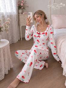 2pcs Women Casual Cherry Print Ruffle Trim Long Sleeve Square Neck Loungewear Set, Autumn - White - View 3