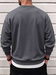 Crew Neck Men's Sports Sweatshirt, Loose Casual Pullover Sweatshirt For Spring & Autumn, American Retro Fashion Style, Daily Wear Outfit Men's Top - Dark Grey - View 2