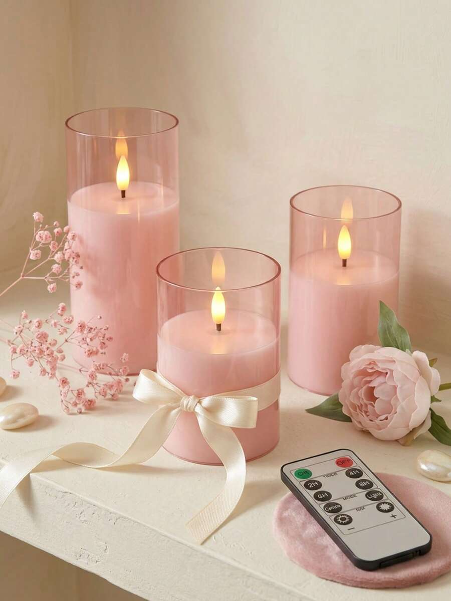 3pcs Pink Candle Lights With Adjustable Brightness And Timer Remote Control, Warm Flame, Birthday And Wedding Supplies, Christmas Preparation, Christmas Celebration, Valentine's Day, Gift, Party