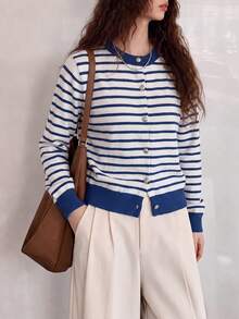 Women's Casual Minimalist Retro Striped Round Neck Cardigan Jacket, Autumn/Winter Fall - Blue and White - View 3