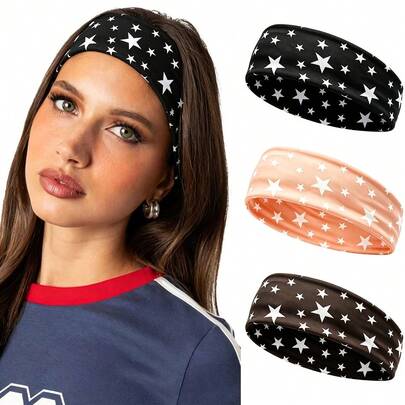 Set Of 3 Star-Print Wide Headbands – Soft, Stretchy, Non-Slip, Moisture-Wicking – Patriotic Hair Accessories For Women (Sports, Yoga, Running)