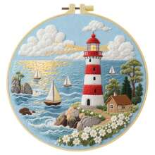 1PC 20*20cm/7.9*7.9in,Ocean Theme: Waves And Lighthouses Embroidery Kit, DIY Handmade Embroidery Set For Adult Beginners, Home Gift, Women's Sewing Gift, Including User Manual, Printed Pattern Fabric, Embroidery Frame, Needle And Thread. - Waves - View 19