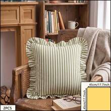 Joivida 1/2/4pcs Green & White Striped Ruffle Edge Pillow Covers, Washed Cotton French Country Farmhouse Cushion Covers, No Insert, Soft Breathable Washable Decor For Sofa Bed Living Room, Multiple Sizes - Green and White Vertical Stripes - View 10