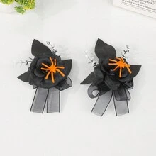 1pc Halloween Sweet & Dark Gothic Style Fabric Black Rose Brooch Set, Spider Skeleton Frame & Realistic Eyeball Decor Corsage Hand Flower, Halloween Party Cosplay Ball Gothic Costume Brooch Accessory - Black - View 2