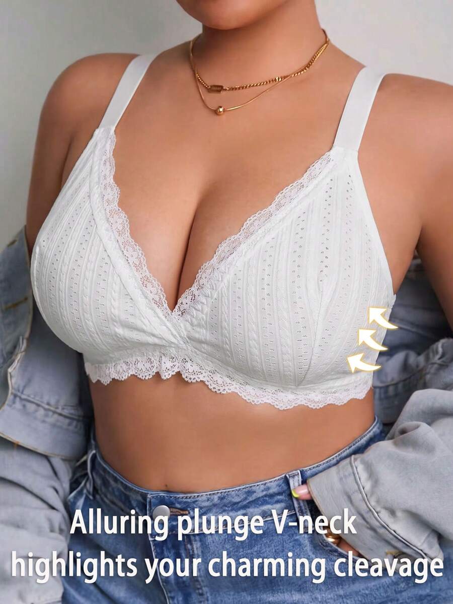 حمالة صدر نسائية مقاس كبير بتصميم دانتيل مرقع وطبعة زهور، بدون سلك، كاجوال مريحة بتصميم ظهر رفيع للرياضة - أبيض - مشاهدة 1