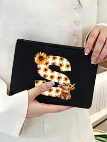 Cute Highland Cow Sunflower Letter Print Multifunctional Cosmetic Bag, Reusable, Storage Bag, Featuring Patterned Print Design, Lightweight Cosmetic And Toiletry Storage Bag, Medical Tool Kit, Zippered Makeup Bag, Lightweight Coin Purse, Toiletry Bag, Storage Bag, Travel Accessory, Shopping Essential - Multicolor - View 6