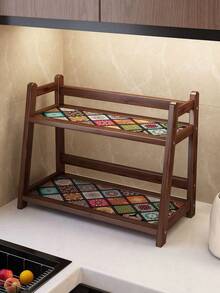 1pc Vintage Double-Layer Vertical Desktop Storage Rack - Bohemian Style, Large Capacity Kitchen Organizer, New Chinese Multifunctional Storage Rack, Decorative Shelf And Display Rack, Desktop Spice Rack, Suitable For Kitchen, Bathroom, Cabinet, Pantry And Vanity Storage And Display - Multicolor - View 1