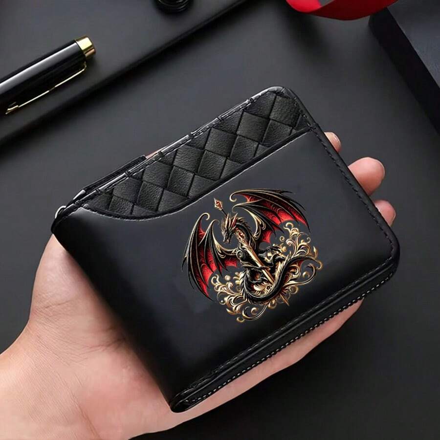 Dragon King PatternMen's PU Wallet | Black,Zipper Closure, Multiple Card Slots,Large Capacity,Stitching Design-Perfect Gift For Father,Husband,Brother - Multicolor - View 1