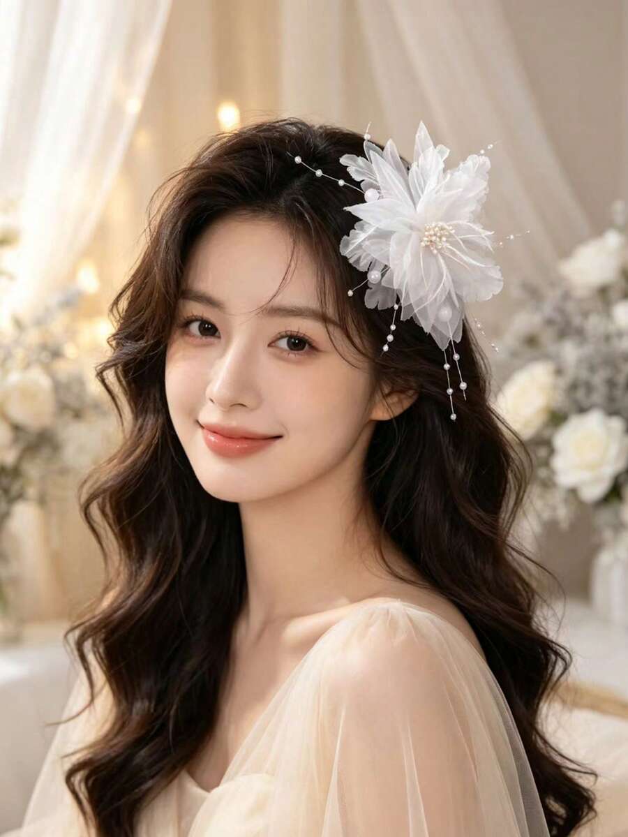 1件裝歐根紗新娘婚禮季盤髮髮飾髮夾 浪漫頭飾 - 89936白色 - 查看 1