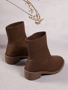 Vintage Brown Knitted Sock Ankle Boots For Girls, Elastic Back Zipper Ankle Boots, Autumn Daily Street Casual Wear - Brown - View 5