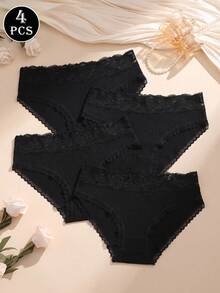 4 buah Celana Dalam Segitiga Wanita Katun Bergaris Motif Renda Hitam, Pakaian Dalam Wanita yang Menawan - Hitam - View 3