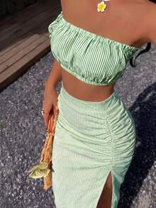 女款性感休閒可愛條紋抹胸抓皺開衩兩件式套裝 夏季優雅 - 綠色 - 查看 1