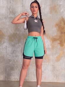 Knot & Curve 女款 2 合 1 內襯運動短褲，純色內襯 2 合 1 運動褲，彈性兩件式套裝，夏季適合跑步、運動、瑜伽、健身、健身訓練 - 薄荷綠 - 查看 5