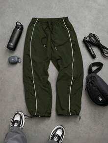 Olive Green Men's Sports Long Pants, Loose Fit Sweatpants, Contrast Trim, Drawstring Waist, Adjustable Drawstring Cuffs, Side Pockets, Athletic Wear - Army Green - View 1