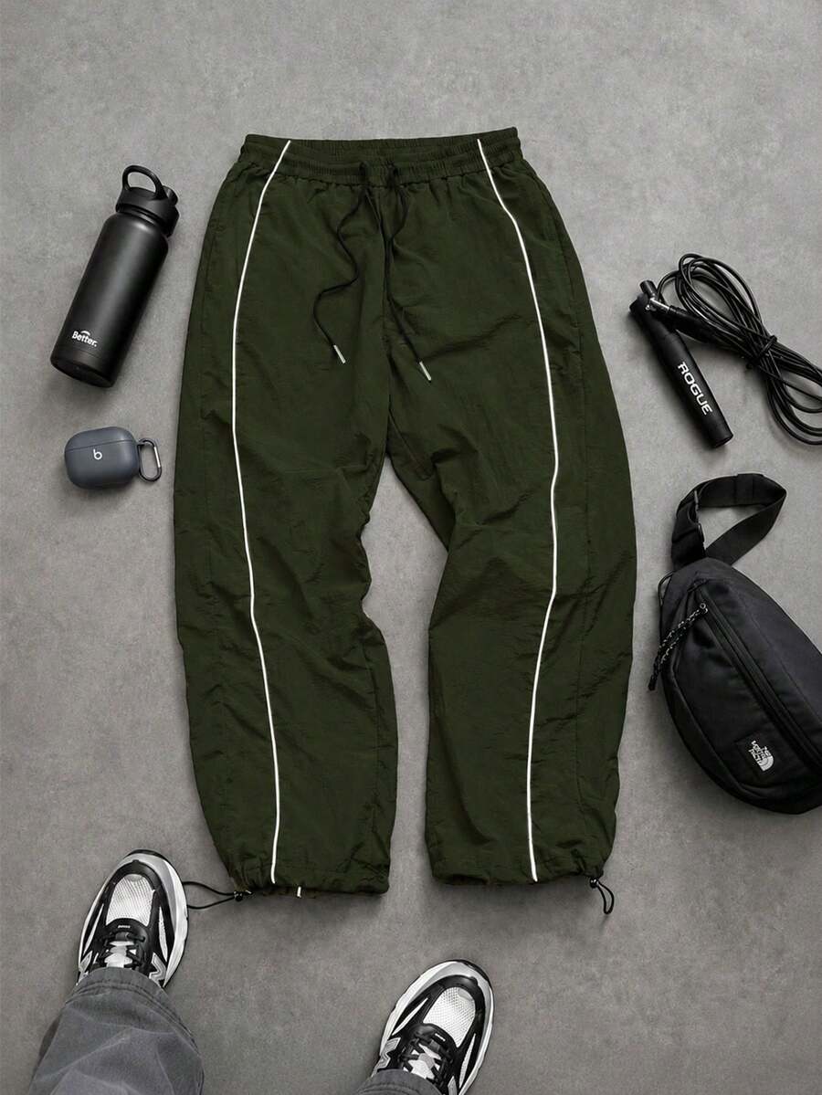 Olive Green Men's Sports Long Pants, Loose Fit Sweatpants, Contrast Trim, Drawstring Waist, Adjustable Drawstring Cuffs, Side Pockets, Athletic Wear - Army Green - View 1