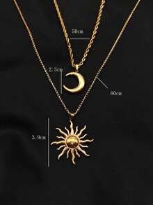 1 Set 2pcs Stainless Steel Moon & Sun Pendant Multi-Layer Stackable Necklace Set, Vintage Men's & Women's Minimalist Bohemian Style Sweater Chain Collarbone Necklace - Yellow Gold - View 2