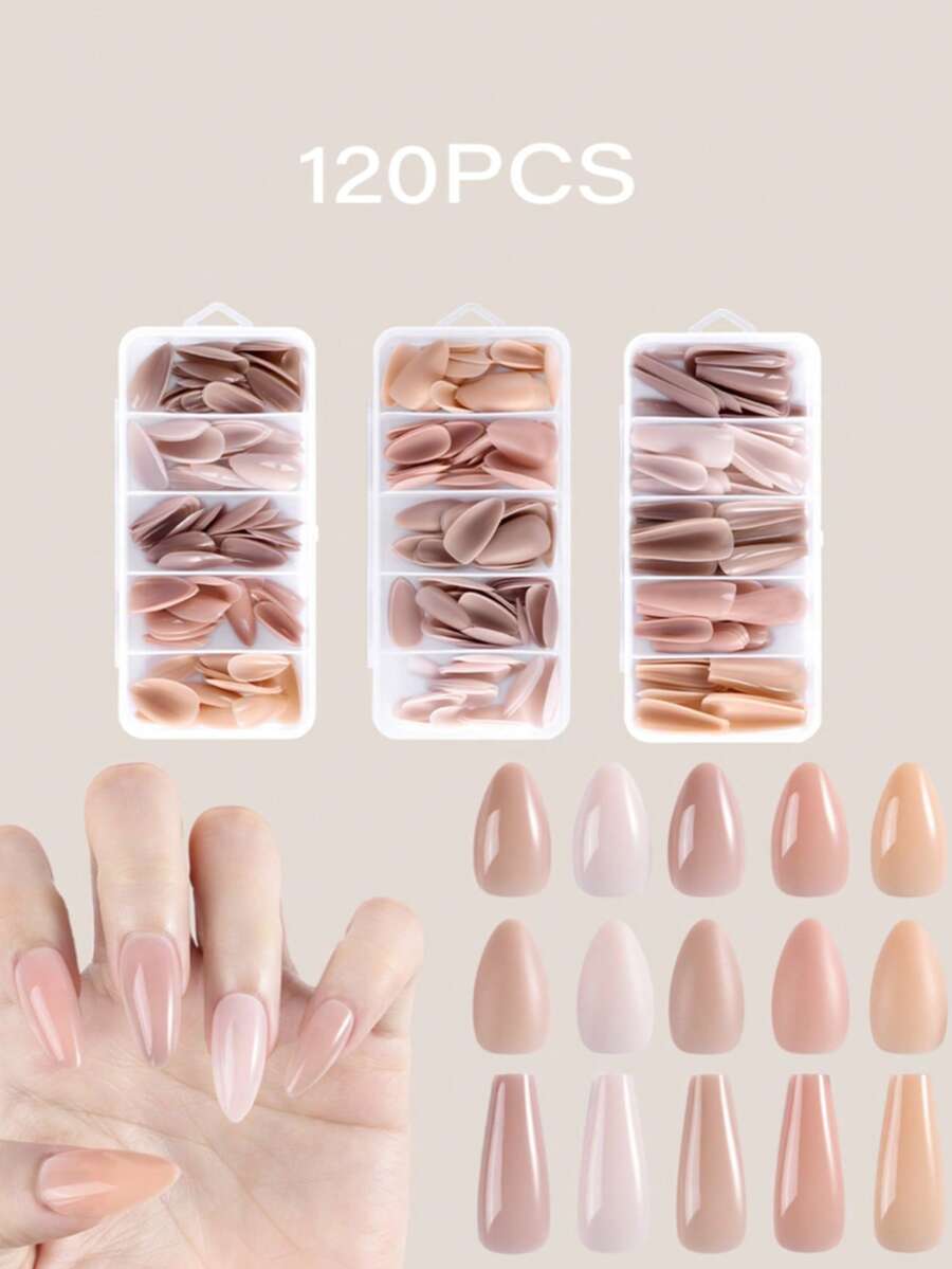 HOTWAY 120 Piece Box Set Full Sticker Fake Nail Tips - Mid Almond And Long Coffin Trapezoid Wearing False Nails, Nude Matte And Glossy Nail Patches, Made Of Acrylic Material, Available In 12 Sizes, Perfect For Nail Art And DIY Home Nail Products - Multicolor - View 1