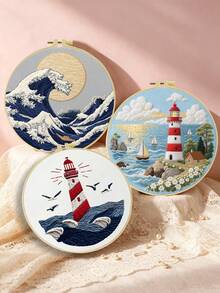 1PC 20*20cm/7.9*7.9in,Ocean Theme: Waves And Lighthouses Embroidery Kit, DIY Handmade Embroidery Set For Adult Beginners, Home Gift, Women's Sewing Gift, Including User Manual, Printed Pattern Fabric, Embroidery Frame, Needle And Thread. - Waves - View 6
