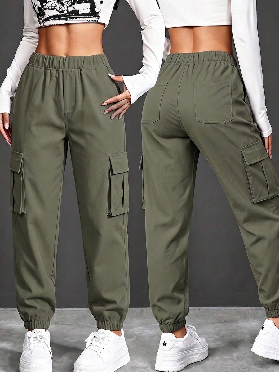 1 buah Celana Jogger Kasual Lurus untuk Remaja Perempuan dengan Saku, Musim Semi/Gugur/Dingin, Pakaian Olahraga - Hijau Tentara - View 1
