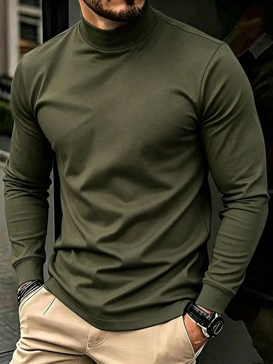 男士春秋時尚百搭日常通勤素色小立領長袖修身T恤 - 軍綠色 - 查看 1