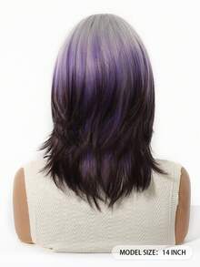 Ombre Silver To Dark Purple Medium Length Layered Synthetic Wig Middle Part, Natural Soft Heat Resistant Full Wig For Daily Cosplay Party Halloween - Ombre - View 5