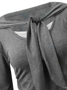 Kaos Lengan Panjang 2 in 1 Gaya Korea dengan Ikatan Depan yang Santai, Atasan Lapisan Dasar Serbaguna Slim Fit untuk Wanita, Musim Gugur/Dingin - Dark Grey - View 9