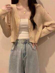 1 Black And White Apricot Green Thin Ruffle V-Neck Knit Cardigan Long Sleeve Sun Protection Shawl - Multicolor - View 4