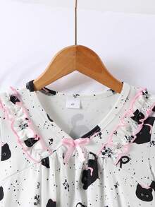 Cute Black Cat Print Pajama Set For Young Girl, V-Neck Frill Trim Long Sleeve Top And Long Pants, 2 Pieces Children's Loungewear - White - View 4