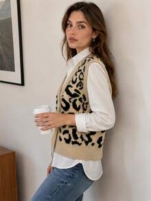 Wixra Women's V-Neck Leopard Print Knit Vest, Front Button Sleeveless Cardigan - Khaki - View 4