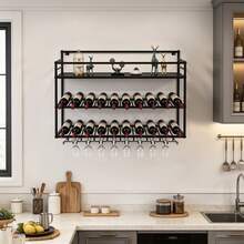 3-Tier Industrial Style Wall-Mounted Wine Rack, 80*25*55 Cm Metal Wine Bottle Holder For Home Bar, Kitchen And Pub Decor - 黑色 - 查看 2
