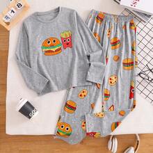 Boys Happy Burger & Fries Print Long Sleeve T-Shirt Set With All-Over Print Pants, Soft Fabric, Suitable For Spring, Autumn, Winter Home & Daily Wear - Grey - View 1