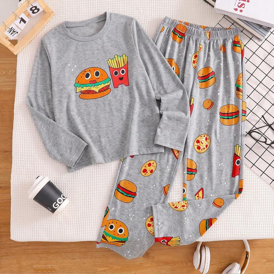 Boys Happy Burger & Fries Print Long Sleeve T-Shirt Set With All-Over Print Pants, Soft Fabric, Suitable For Spring, Autumn, Winter Home & Daily Wear - Grey - View 1
