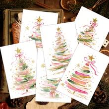 6pcs Watercolor Christmas Tree Greeting Cards With Envelopes - Holiday Blessing Cards For Friends And Family, Elegant Christmas Tree Blank Note Cards, Festive Season Celebration Cards, Christmas Gifts - A - View 6