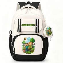 Miniso Koreanischer 2 Stücke Minecraft Schwarz-Weiß Farbblock großer Alltagsrucksack mit Steve Alex Bienenmuster und rundem Münzbeutel, perfekt für Anime-Liebhaber und Schule - Farbe 1 - Übersicht 3
