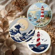 1PC 20*20cm/7.9*7.9in,Ocean Theme: Waves And Lighthouses Embroidery Kit, DIY Handmade Embroidery Set For Adult Beginners, Home Gift, Women's Sewing Gift, Including User Manual, Printed Pattern Fabric, Embroidery Frame, Needle And Thread. - Waves - View 4