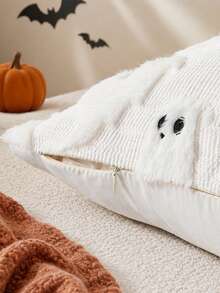 1pc Halloween Pillow Case, Cute Bat Embroidery Design, Soft Faux Wool Cushion Cover, Suitable For Autumn Home Decor Gift, Sofa Chair Bedroom Use - White - View 2