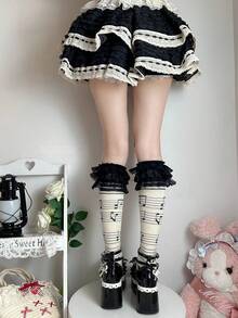 1 par de calcetines hasta la rodilla con volantes de encaje y notas musicales estilo Kawaii Lolita para mujer, para primavera/verano, Y2k - Multicolor - Ver 5