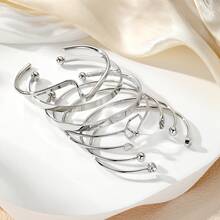 7pcs European & American Cross-Border Fashion Rhinestone Heart Women's Elegant Personalized Geometric Asymmetrical Open Bangle Bracelet Set - Silver - View 5