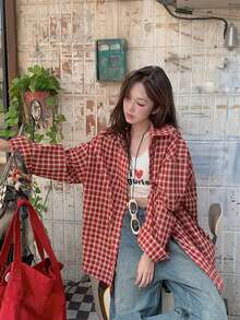 Korean Style Loose Fit Plaid Long Sleeve Shirt Streetwear - Red - View 4