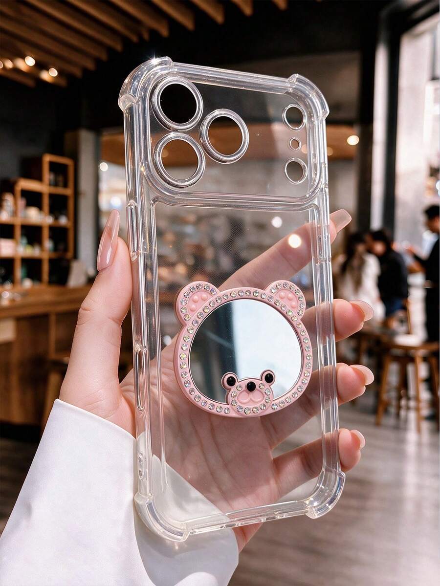 透明水鑽熊造型化妝鏡手機殼，防震 TPU 保護殼，適用於 Apple 與 S24 手機