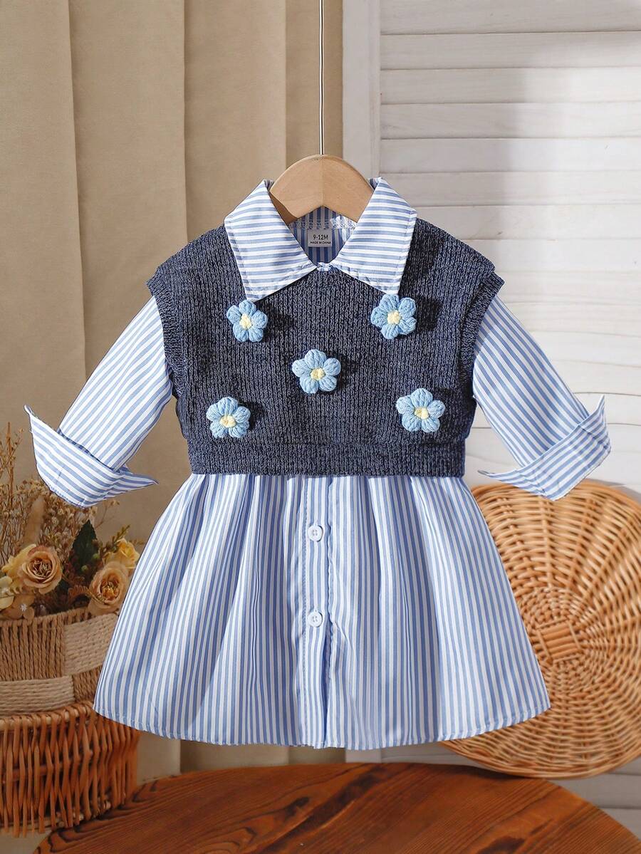 Korean Style Girls Striped Shirt Dress 2-Piece Set, 3D Floral Knit Vest, Baby Spring Autumn Princess Outfit - Blue - View 1