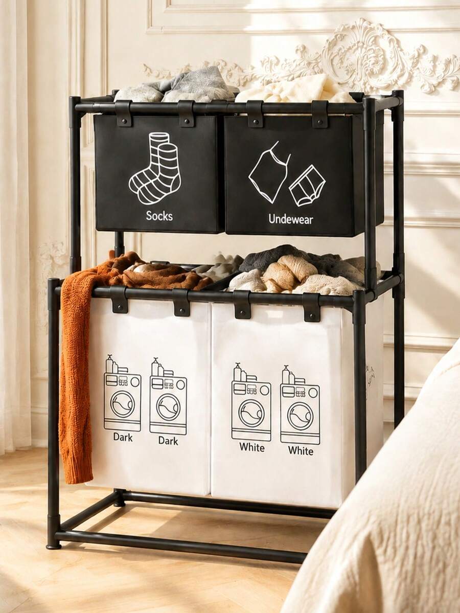 2 Tier Divided Laundry Hamper For Bathroom Space Saving Large Capacity Laundry Basket With 4 Removable Waterproof Bags And Sturdy Frame For Efficient Clothes Sorting Suitable For Balconies, Dormitories, And Laundry Rooms.(Black) - 黑與白 - 查看 1
