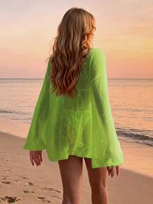 Women's Loose Drop Shoulder Casual Sheer Beach Cover Up For Summer Vacation - Lime Green - View 2