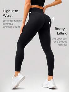 1pc Women's Seamless High Waist Elastic Butt Lifting Shaping Yoga Gym Running Workout Leggings Black Autumn Outfit - Black - View 4