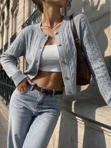 Women's Casual Cable Knit Cropped Cardigan, Long Sleeve Button Down Knit Sweater, Solid Color Soft Knitwear For Daily Streetwear, Autumn New Arrival - Grey - View 10