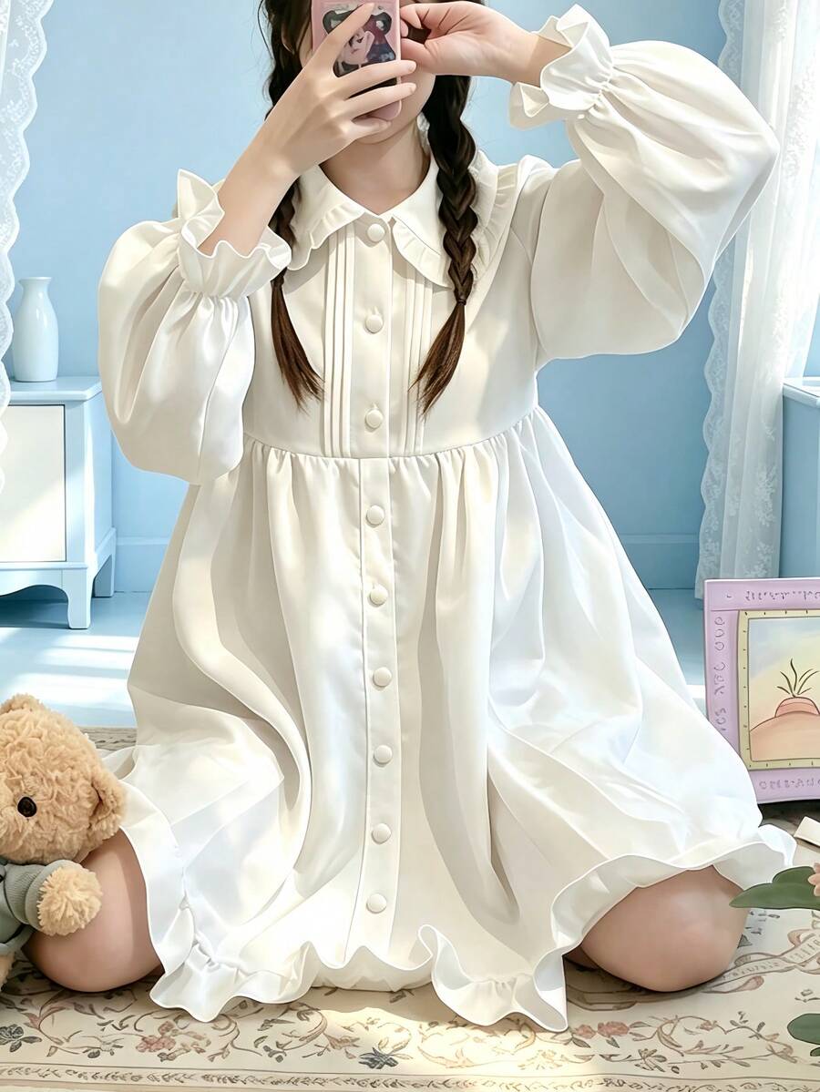 1PC Japanese Lolita Fairy Dress Soft Girl Peter Pan Collar Tie Puff Long Sleeve Ruffle Hem Dress COSPLAY Role Play Costume Accessory White Fall - White - View 1