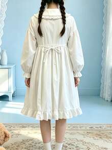 1PC Japanese Lolita Fairy Dress Soft Girl Peter Pan Collar Tie Puff Long Sleeve Ruffle Hem Dress COSPLAY Role Play Costume Accessory White Fall - White - View 6