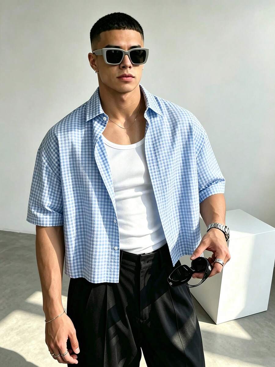 WAIT HIM 男士休闲短袖格子衬衫