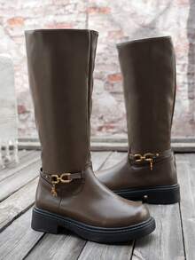 Women's Vintage Metal Buckle Riding Boots, Thick Sole Side Zipper High Shaft Long Boots, Slimming Brown Western Equestrian Boots, Black Boots, Women's Boots - Brown - View 5