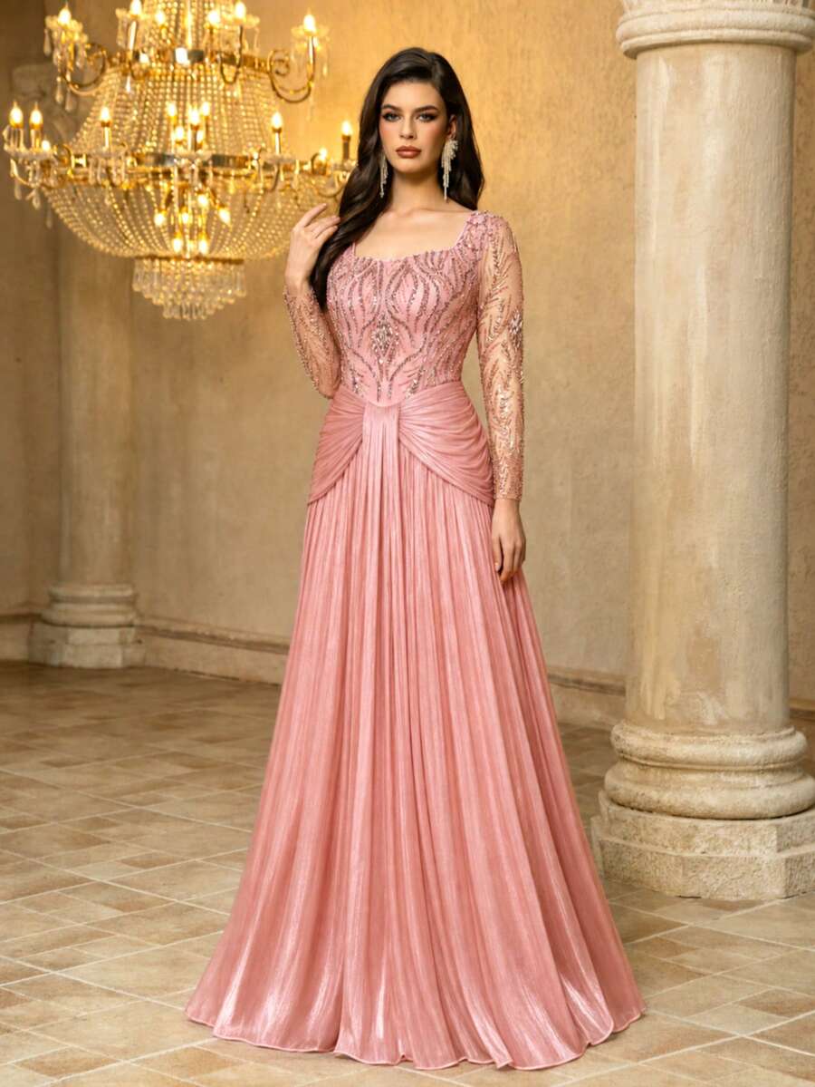 UNITHORSE [Random Cut]Sweetheart Neckline Long Sleeve Cinched Waist Sequin Patchwork Evening Gown Dress Party Wedding - Pink - View 1